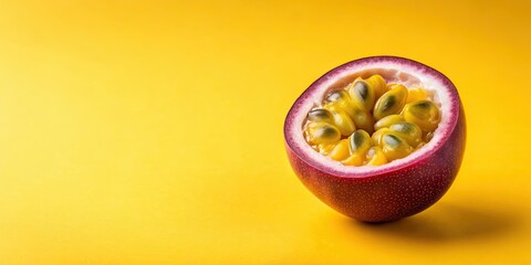 Canvas Print - Passionfruit isolated on a vibrant yellow background, vibrant, exotic, tropical, fresh, juicy, ripe, sweetness, colorful