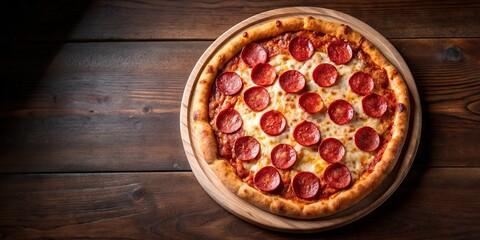 Wall Mural - Delicious and freshly baked pepperoni pizza on a wooden table, food, Italian, cheesy, crust, tomato, pepperoni, meal, dinner