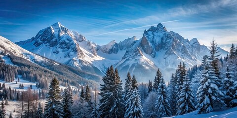 Sticker - Snowy mountain landscape with majestic peaks and pine trees , winter, snowy, mountains, cold, nature, wilderness