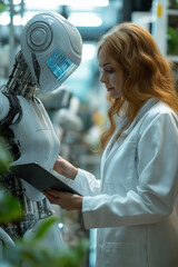 Scientist teaching AI robot with an ipad in a plant breeding lab, white biotechnology lab