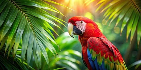 Wall Mural - Vibrant red and green macaw in lush tropical setting, tropical, colorful, exotic, bird, feathers, wildlife, vibrant, nature