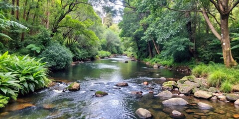 Sticker - A relaxing stream flowing through a lush forest setting, nature, water, landscape, peaceful, tranquil, flowing, river, creek