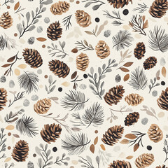 Canvas Print - Natural seamless pattern featuring pinecones and branches in earthy tones on a beige background. The design evokes a rustic, woodland feel with its detailed elements and organic shapes.