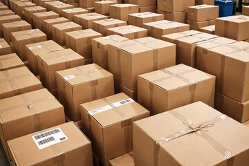 A pile of cardbox parcels awaiting delivery in a shipping center