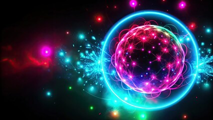 Wall Mural - Background with glowing circles, neon energy sphere, magical particles, and purple pink flames on a dark background , glowing