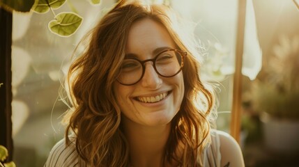 Sticker - A smiling woman with glasses in a sunlit, leafy environment, radiates joy and warmth, embracing the beauty of a simple moment.