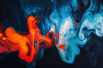 Acrylic blue and red colors in water. Ink blot. Abstract black background , ai