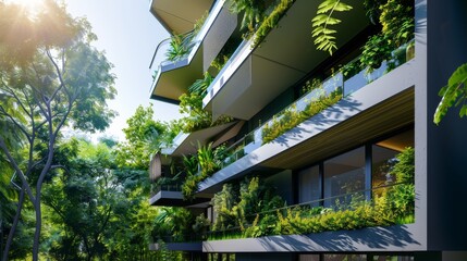 Sticker - A modern, eco-friendly apartment building adorned with lush greenery, showcasing urban sustainability and architectural innovation amidst a natural setting.