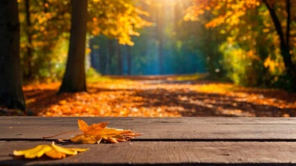 Wall Mural - Empty wooden table for mockups. Outdoor exposition exhibit platform with colorful fallen leaves. Unoccupied wooden table in autumn forest park perfect for fall season themed presentations.