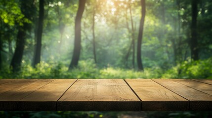 Empty wood table top with blur background of nature lush green forest. generative ai