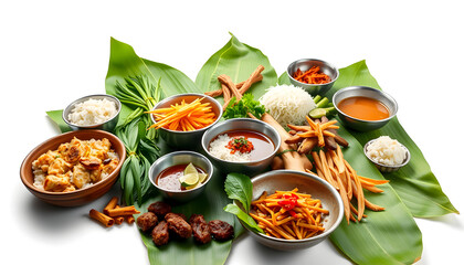 Variety of authentic thai traditional meal set on green banana leaves isolated with white highlights, png