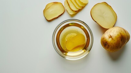 Canvas Print - Neatly arranged slices of potatoes alongside a bowl of golden oil on a pristine white surface, ready for culinary creation.