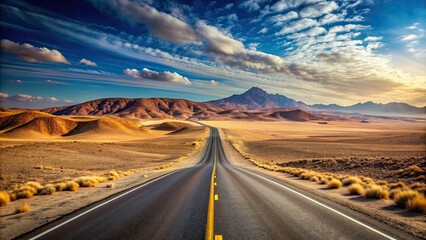 Sticker - Long, winding road cutting through the vast desert landscape, desert, arid, highway, journey, barren, remote, sand dunes, endless