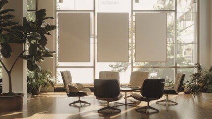 A modern office lounge filled with soft chairs, plants, and large windows that flood the space with natural light, illustrating a contemporary workspace.