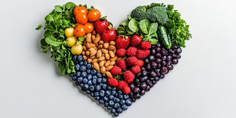 Wall Mural - Heart-shaped arrangement of healthy foods, colorful fruits, and leafy greens