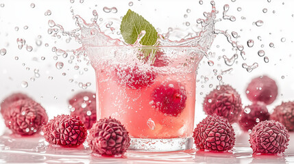 Wall Mural - Lychee juice splashing all over on a white background 