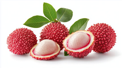 Wall Mural - Full and half-sliced lychee fruits on a white background 