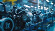 © VK Studio - A row of powerful, intricate engines in a factory setting, highlighting the precision and innovation in mechanical engineering.