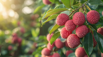 A bunch of lychee fruits hanging from a branch 