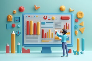 Poster - 3D illustration of a man analyzing business data on a computer screen.
