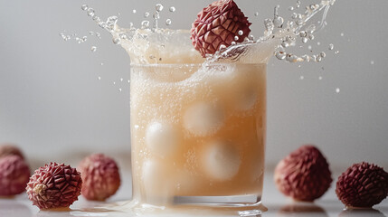 Sticker - Lychee fruit juice on a white background with lychee juice splashing all over 