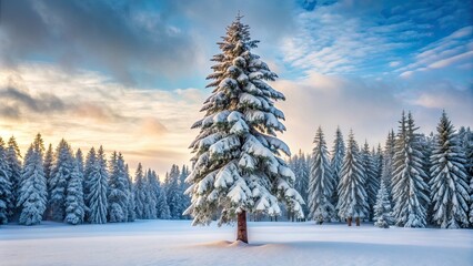 Wall Mural - Snow-covered pine tree standing tall in a winter forest, winter, pine tree, snow, cold, nature, landscape, Christmas