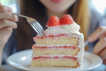 A young Asian woman eating a slice piece of chiffon strawberry layer cake sitting at a table, eating a sweet or dessert cake. Healthy fast food unhealthy choice concept.