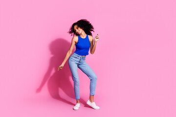 Poster - Full length photo of lovely young lady headphones dancing dressed stylish blue garment isolated on pink color background