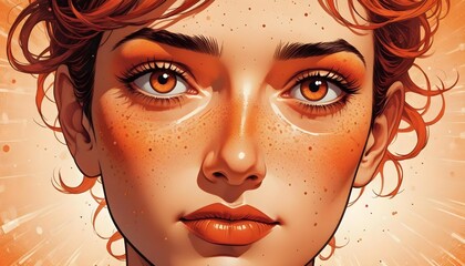 Canvas Print - Redhead Woman Sensual  Freckles Comic Style Close-Up  Warm Tones Eyelashes and Face