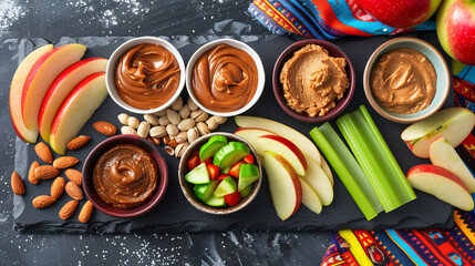 Wall Mural - a vibrant fruit and nut butter platter, including apple slices, celery sticks, and small bowls of different nut butters, arranged on a slate board with a colorful cloth in the background