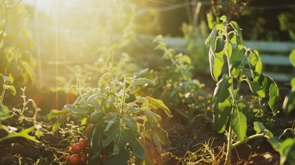 Poster - Sunlight bathes a lush vegetable garden, highlighting the vibrant foliage and ripening cherry tomatoes hanging from green stems.