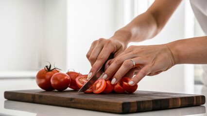 Canvas Print - A woman cutting tomatoes on a wooden board with knife, AI