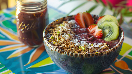 Wall Mural - an acai bowl, topped with granola, sliced kiwi, strawberries, and coconut flakes, served in a rustic bowl on a colorful tablecloth with a mason jar of freshly squeezed juice beside it