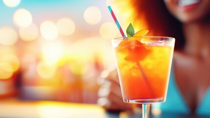 A person is enjoying a fancy cocktail with a colorful garnish in their hand, suggesting a joyful and festive atmosphere with bright, bokeh lights in the background.