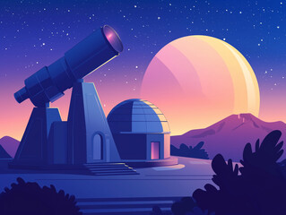 Wall Mural - An observatory with a large telescope and a dome roof, ready for stargazing, vector illustration art