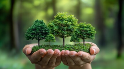 Human hand tree with natural green background. Plant growth and environmental protection concept