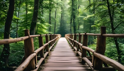 Wall Mural - Wooden Bridge Leading Through Lush Green Forest, Inviting Exploration and Offering Peace Amidst Nature's Beauty