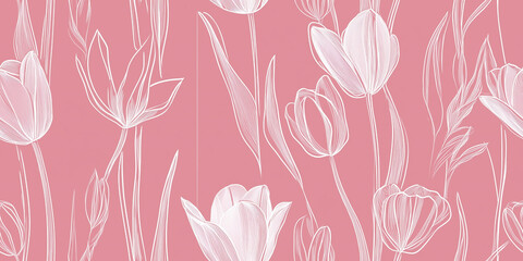 Poster - Continuous line tulips with graceful stems, drawn with delicate thin lines, seamless pattern