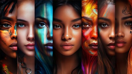 Wall Mural - Multi-ethnic beauty: African, Asian, European, Latin American women united in the struggle for rights and equality.