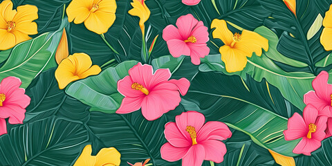 Poster - Flamingo flowers and banana leaves in a tropical oasis, seamless pattern