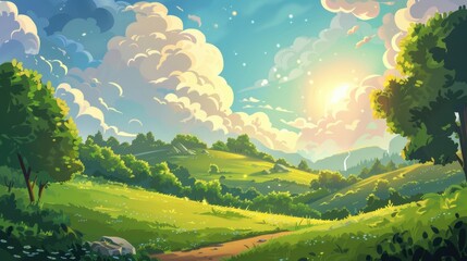 Wall Mural - Cartoon Sky. Morning View of Cloud with Hill Landscape Background