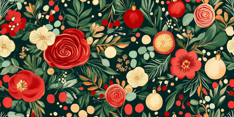 Poster - Lively, festive florals in shades of red, green, and gold with fun, cheerful decorations, seamless pattern