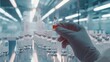 © VK Studio - A gloved hand carefully examining a small vial with red liquid among several clear vials in a highly sterile laboratory environment.