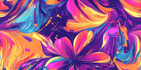 Poster - Vivid, swirling petal shapes with splattered paint effects in a vibrant composition, seamless pattern