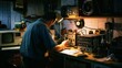 © VK Studio - In a quaint, cluttered workshop, an electrician is engrossed in fixing vintage radio equipment under the illuminating glow of a desk lamp.