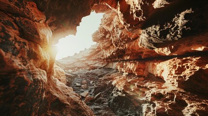 Wall Mural - Sunlight filtering through red rock formations, creating a pathway with a warm glow and rugged textures.