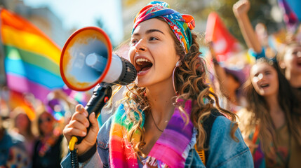 Wall Mural - A beautiful young woman activist with a rainbow bandana and megaphone speaking passionately at the LGBT parade surronded by supporters waving rainbow flags. the LGBTQ+ community, identity, diversity