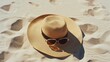 © VK Studio - A wide-brimmed straw hat and sunglasses resting on pristine beach sand, embodying a sense of relaxation and summer leisure.