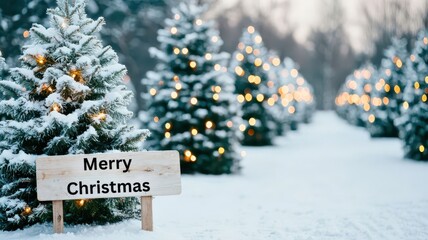 A serene winter landscape featuring snow-covered trees and a cheerful Merry Christmas sign, perfect for holiday celebrations.