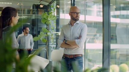 Sticker - A man in a modern office stands deep in thought with arms crossed, while colleagues work and discuss in the background.